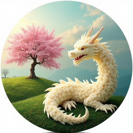 Create round image that measures 480 by 480. In the forefront is a European style dragon made of white roses resembling MSI logo. Background features a cherry blossom tree on a hill with a bright green field surrounding it. Aim for realistic portrayal.