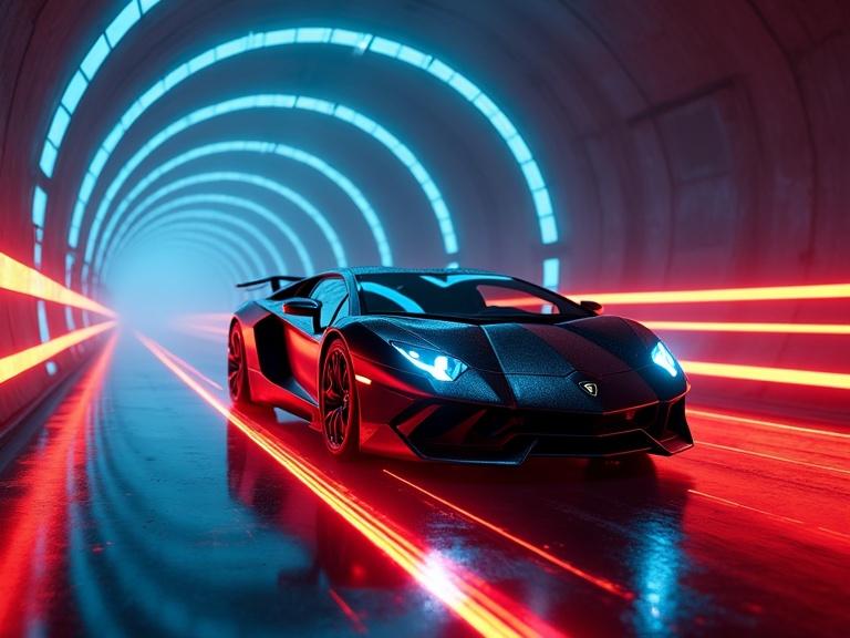 Futuristic black Lamborghini in a tunnel with vibrant blue and red-orange lighting. Car features laser light wheel rims. Sevenfold double-line laser light trail behind. Strobe laser beam from front lights. Fog and rain create a moody atmosphere. Ring-style tunnel spirals endlessly.