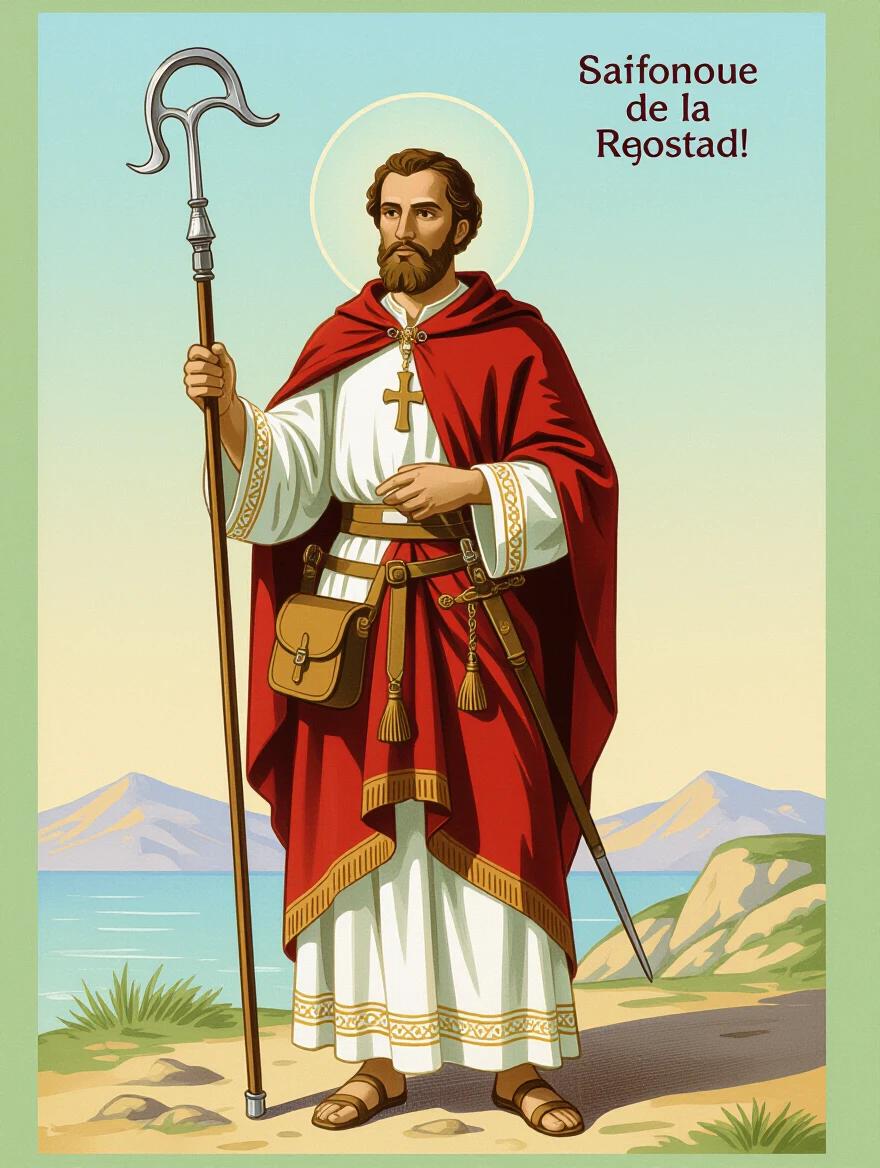 Depiction of the Apostle Santiago dressed as a pilgrim with a plain background in hexadecimal color 00ff00.