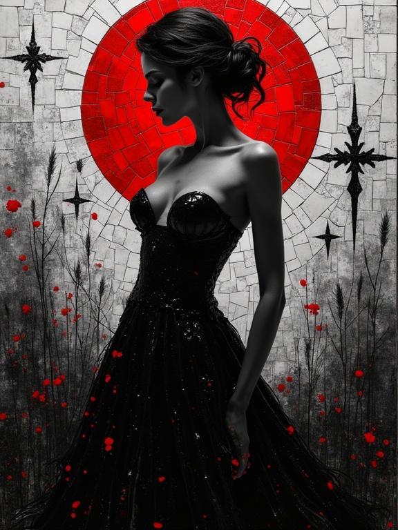 Gothic young woman's body in silhouette. Dark red background with mosaic elements. Black dress adds mystery and allure. Stark contrast between light and dark.