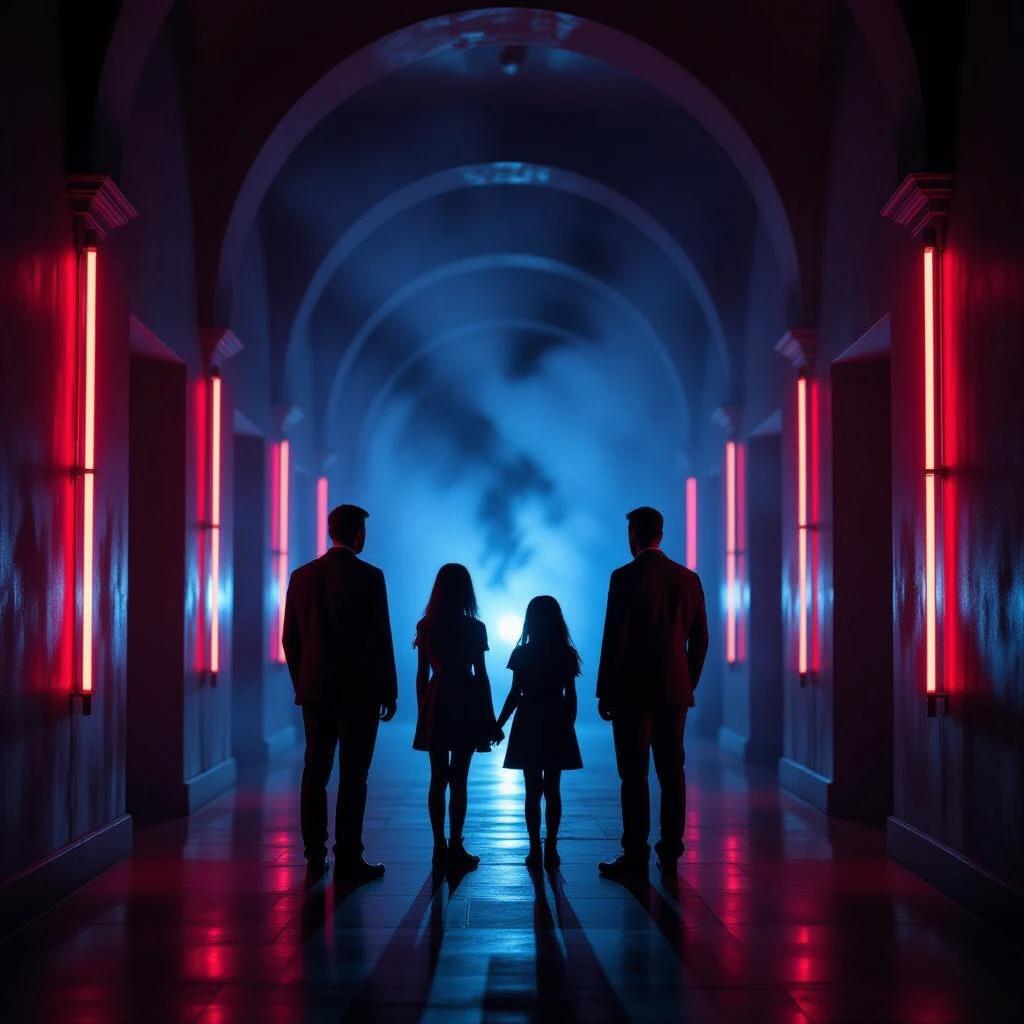 Four figures stand against a dramatic corridor strengthened by arched architecture. Vertical red neon lights illuminate the space. A faint blue mist swirls in the center. Shadows blend with bright colors. Scene conveys mystery and artistic quality.