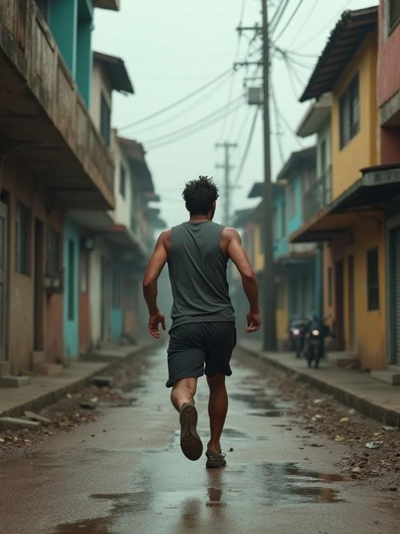 Photorealistic image of a man in casual clothing running through a favela. The environment looks hostile with narrow alleys and old buildings. The man has thick short waved hair and is seen from behind. He appears small against the surroundings. Shot using a 50mm lens.