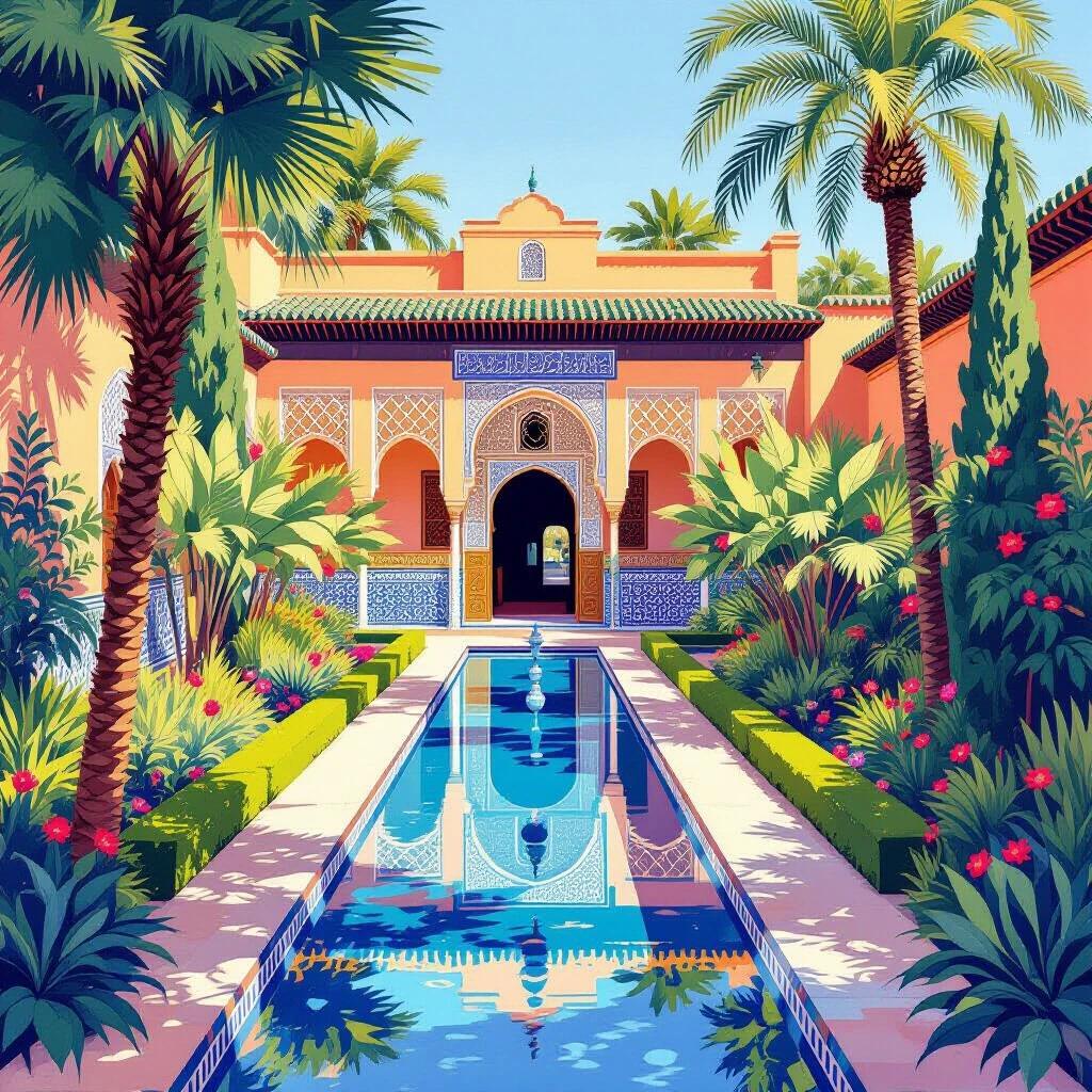 Illustration of Jardin Majorelle Garden in Marrakesh. Show Mediterranean architecture with vibrant foliage. Include a serene pool reflecting the garden. Emphasize travel inspiration and Moroccan culture.