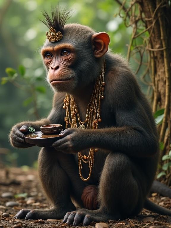 Creative design of a shaman monkey at spiritual ritual. A monkey wears a crown and jewelry sitting peacefully. The monkey holds a plate in a lush, green jungle setting.