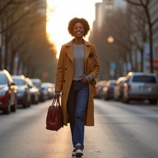 African American lady walks down a street during golden hour. She wears a stylish coat and jeans. A handbag complements her outfit. City traffic is in the background. Soft sunlight enhances the scene.