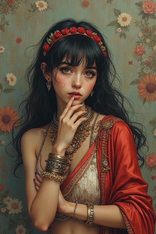 Portrait of a young woman with dark hair adorned with roses. She wears traditional attire complete with jewelry and has a serene expression. The background features a floral pattern.