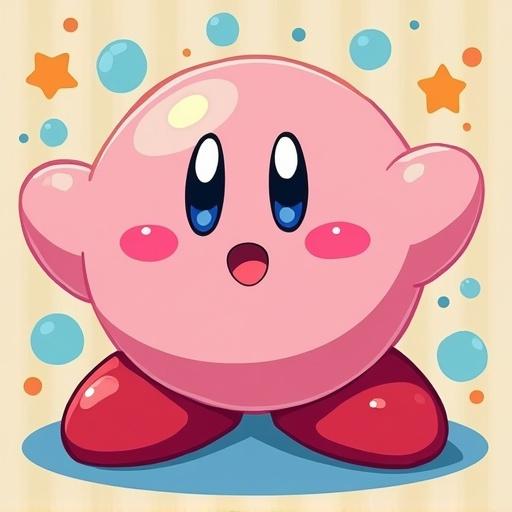 Colorful character with round shape and cheerful expression standing against a vibrant background with bubbles and stars