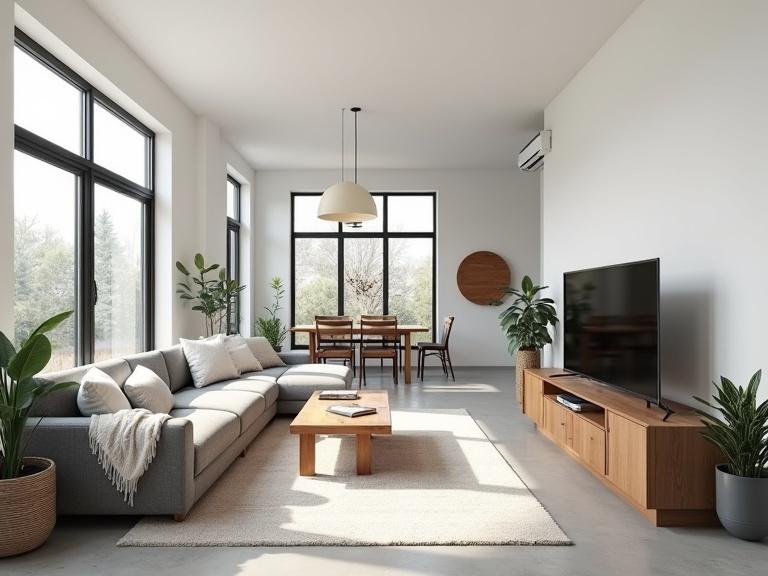 Photo of a modern living room. Bright natural light in an open floor plan. White walls. Large grey sectional sofa with a white fur throw. Wooden coffee table with a book. Flat screen TV on a wooden stand. Dining area with wooden table and chairs in the background. Large windows with black frames. Potted plant on the left. Minimalist decor. Round wooden wall art. Air conditioning unit on the right wall. Light grey concrete floor. Light beige area rug. Modern pendant light hanging from the ceiling. Casual and cozy atmosphere. Daytime. No people. High quality. Clean and simple design.