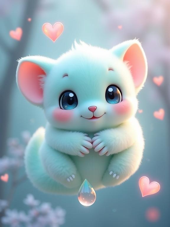 Image of a cute fantasy creature floating in pastel colors. The creature has fluffy minty white fur and big blue eyes. Surrounded by glowing hearts and a soft background. Creature's cheeks and ears are rosy pink. Gentle lighting creates a magical feel.