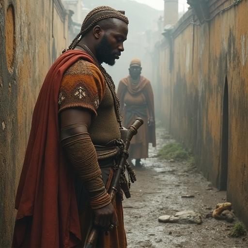 A warrior in a historical fantasy outfit stands in a misty alleyway. He holds a sword and gazes into the distance. Another figure is seen in the background. The setting is atmospheric and evocative.