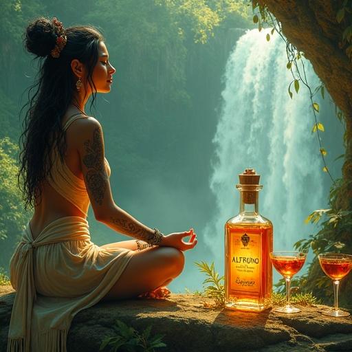 Picture a tribal goddess with intricate tattoos meditating in a grotto. She has flowing robes. Glowing crystals surround her. A waterfall cascades in the background. An apothecary-style 'ALFRUNO' elixir bottle rests on a mossy stone. The bottle glows golden-reddish. A cork lid sits on top. An elegant hang tag displays 'ALFRUNO'. Two cocktail glasses with liquid flank the bottle. A few roses and rosemary add accents. The scene is bathed in soft light. The color palette is gentle greens, blues, and golds. The artwork is in a watercolor style.