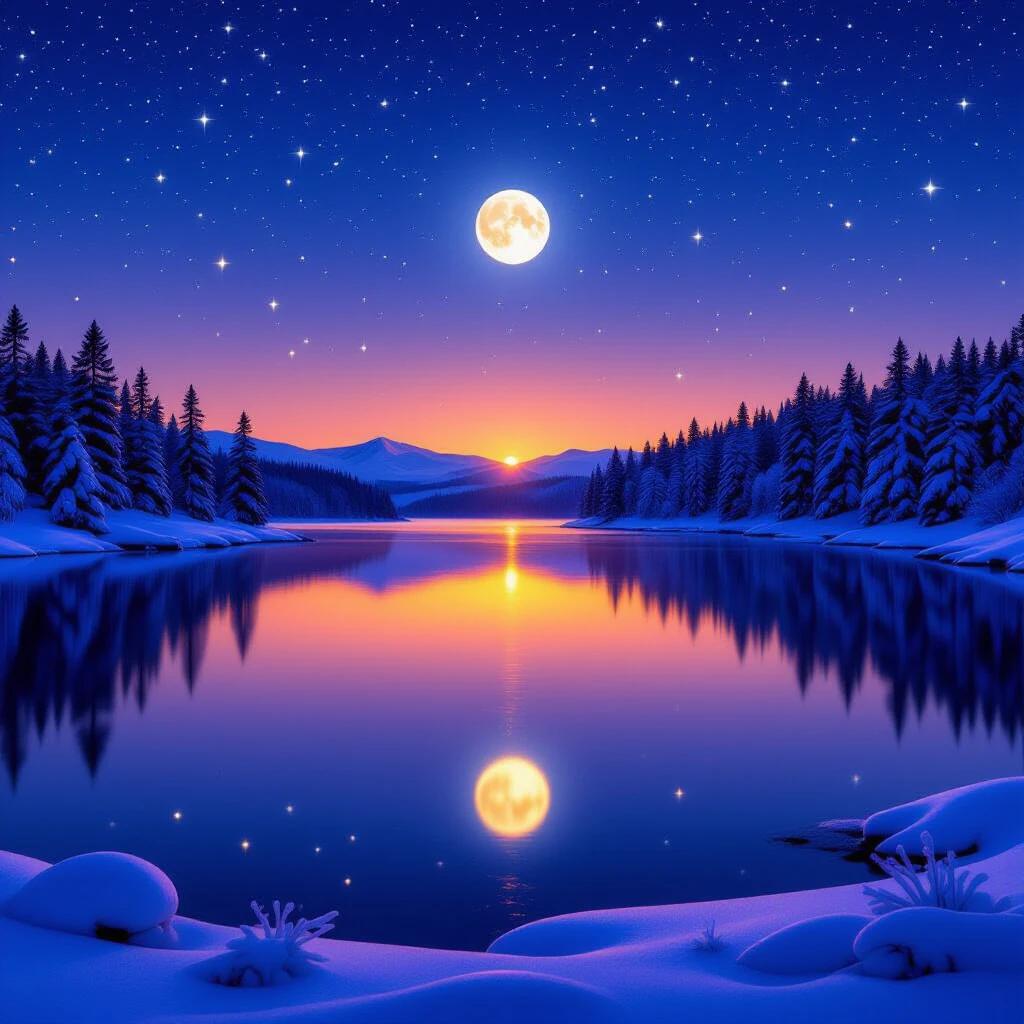 Serene winter landscape at twilight with a still lake. The lake mirrors a starry night sky. Snow-covered evergreen pine trees line the water. The sky changes from deep blue to warm sunset colors at the horizon. A bright full moon glows in the sky with its reflection on the water. Sparkling stars reflect in the calm lake. Snow banks and ice formations edge the shoreline. Highly detailed digital landscape art.
