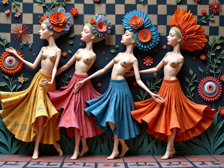 Four intricately designed paper dolls in folk art skirts dance in a line. Each doll features vibrant floral headpieces with intricate eye motifs. The background shows a colorful checkerboard pattern. The overall style is surreal and dreamy, with 3D textures and a kaleidoscopic look.