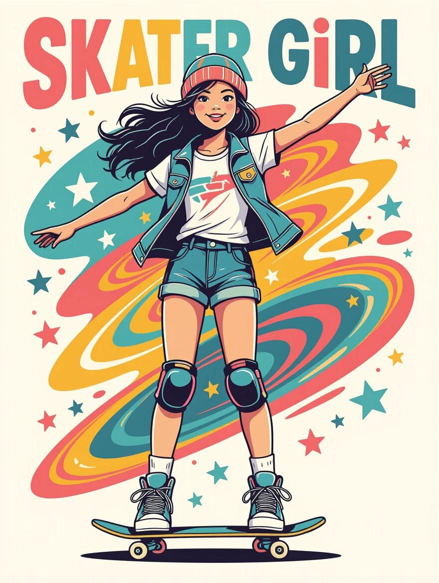 A vibrant illustration of a skater girl riding a skateboard. She wears a teal vest and shorts with knee pads and casual sneakers. A playful background featuring swirls and stars.
