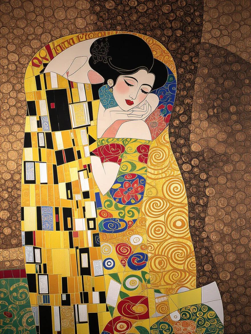 3D Klimt inspired art featuring a glamorous female figure in a colorful dress with intricate designs. Mixed media elements create a rich visual texture.