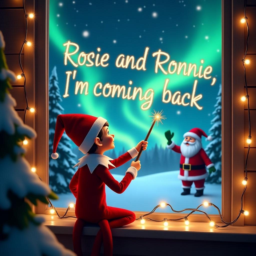 The illustration features an elf on the shelf, sitting on a windowsill with his back to the viewer. He is holding a shimmering wand and is gazing at the night sky. In the sky, he magically writes 'Rosie and Ronnie, I’m coming back'. The background displays stunning northern lights, along with a cheerful Santa Claus in the distance. Twinkling fairy lights adorn the window, creating a cozy atmosphere. Snow blankets the ground outside, and evergreen trees frame the enchanting scene, capturing the joyful spirit of Christmas.