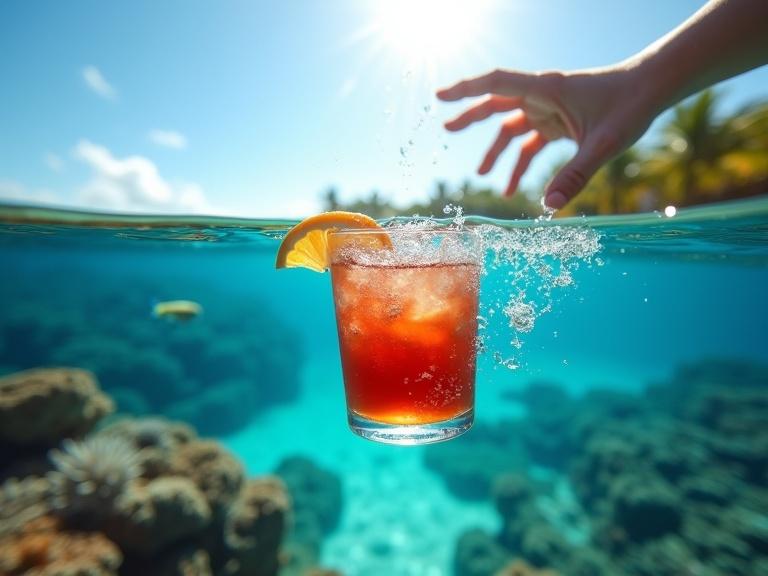 Creative underwater poster with split-level shot. Hand placing cocktail glass into the water. Azure sky with blurred island outline. Crystal clear underwater with colorful corals and fish. Sunlight forming beams and bubbles. Image evokes vitality and exploration of summer.