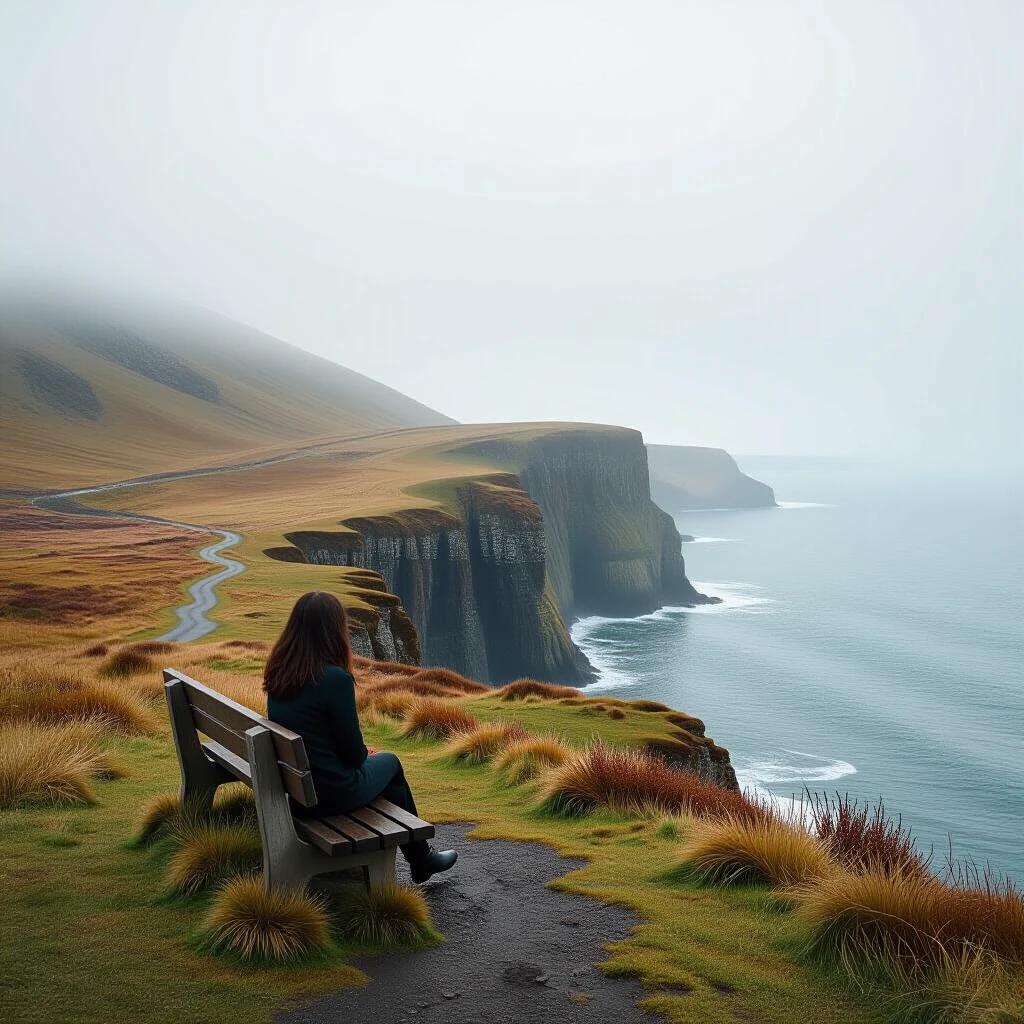 A woman sits alone on a bench at the edge of a cliff. The scene captures a nostalgic landscape with fog rolling in. The ocean waves gently crash against the rugged coastline. The feeling is one of isolation and contemplation.