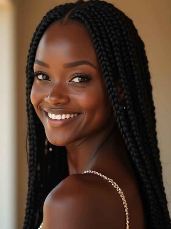 Strikingly beautiful woman with cornrow braids. She has a deep skin tone with a warm glow. Captivating eyes and warm smile. Blends classic and contemporary fashion. Moves with poise and confidence.