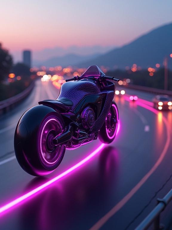 A neon purple hover motorcycle floats above a curved elevated highway at twilight. It has a smooth glossy black body with glowing circuit-like patterns. No wheels or engine parts are visible. The motorcycle is surrounded by light trails from passing vehicles.