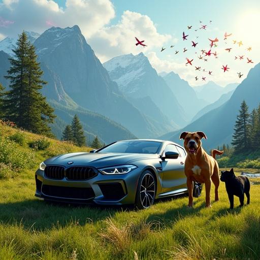 Stunning landscape with vibrant colors and lush greenery. Beautiful BMW parked at the top of a mountain. Joyful golden retriever and playful black cat in a lush park below. Blue mountains in the background with red lightning. Colorful birds soaring above in harmony. Sunlight casting soft shadows.