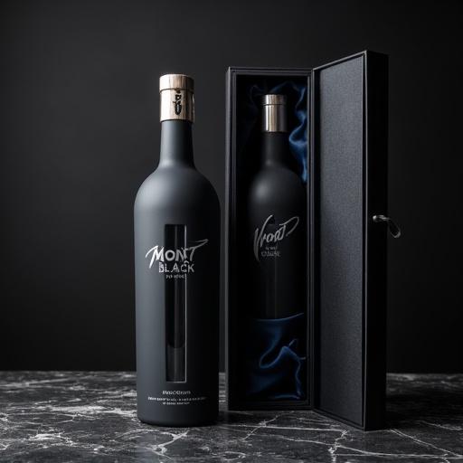 Display of luxury vodka bottle and presentation box. Black frosted glass bottle with clear window. Embossed platinum lettering and monogrammed cap. Textured black presentation box with satin lining. Soft light highlights textures and details. Dark marble surface and gradient background create elegance.