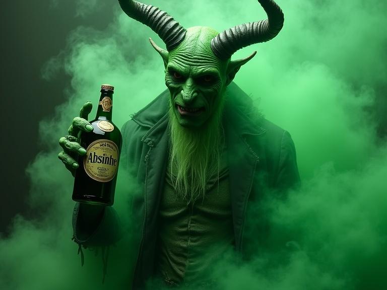 Green demon character inspired by absinthe. Demon has horns and is holding a bottle labeled absinthe. Dark cloak enhances the demon's appearance. Green smoke surrounds the character creating a mysterious atmosphere.