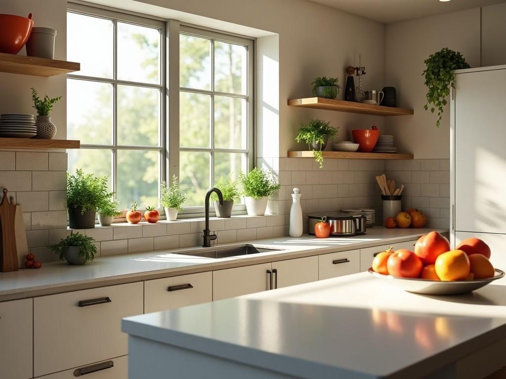 This image displays a modern kitchen filled with natural light. The countertops are adorned with a variety of fresh fruits. Shelves made of natural wood are lined with plants and kitchenware. Large windows allow sunlight to illuminate the scene. The overall feel is warm, inviting, and vibrant, making it a perfect setting for cooking and entertaining.