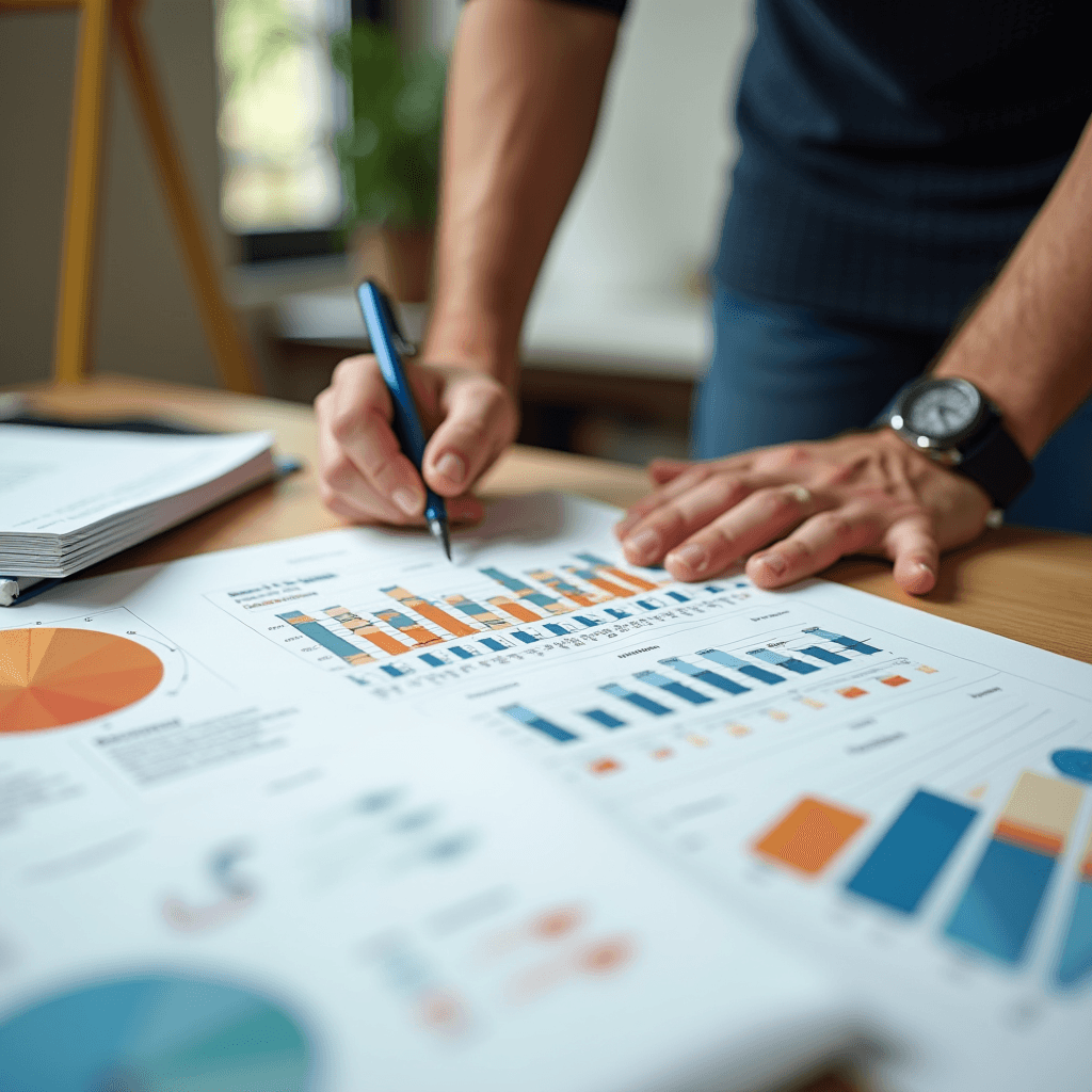 A person is analyzing and annotating financial charts and graphs at a desk.