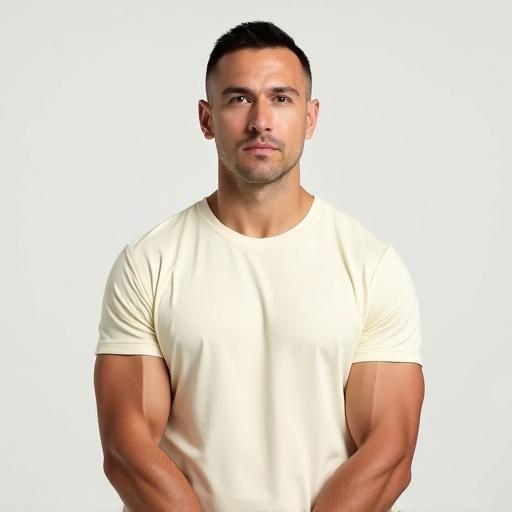 High resolution image of a male wearing a cream-colored t-shirt. Facing forward with slight flex in arms to show biceps. Clean-shaven face with natural skin texture. Direct look into camera with soft frontal lighting. Simple solid background. Sharp details and realistic tones.
