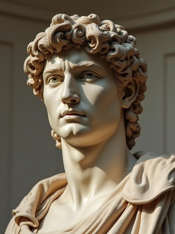 Depiction of a Roman emperor statue with mid-length curly blonde hair and chiseled features. Smooth jawline and shaven face. The torso is visible, showing natural skin texture. The eyes are grey-green. The setting is outdoors, resembling neoclassical art styles similar to Caesar and Hadrian. The hair style is reminiscent of Michelangelo's David. The features reflect French and Italian classical geometry, with a Roman nose.