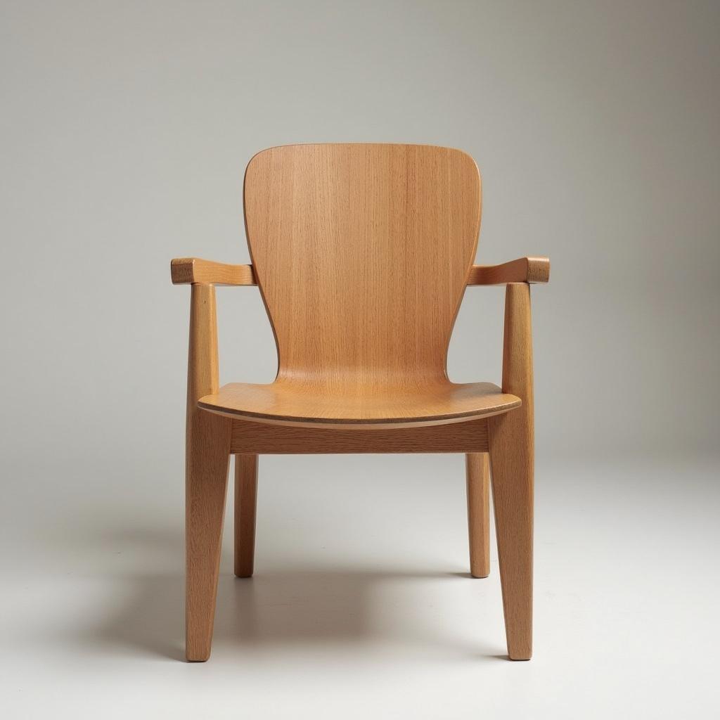 The image features an orthographic view of an Anahaw chair, emphasizing its minimalist design and wooden structure. The chair is shown from the front, with a focus on its clean lines and elegant form. The light wood material is highlighted by soft, diffused lighting. The background is neutral, allowing the chair to stand out as the main subject. This visual representation is ideal for furniture design presentations or product catalogs.