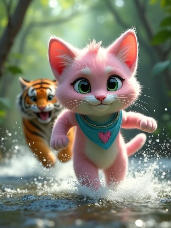 Fluffy anthropomorphic kitten has pastel pink and lavender fur with a creamy white belly. Kitten has large green eyes, oversized Pixar-style head, rounded features, tiny paws, perky ears. Kitten wears a light blue bandana with a pink heart. Kitten dashes from an angry tiger while looking back to taunt it. The tiger snarls and leaps after it. Scene is set in a jungle river with dramatic perspective and rushing water.