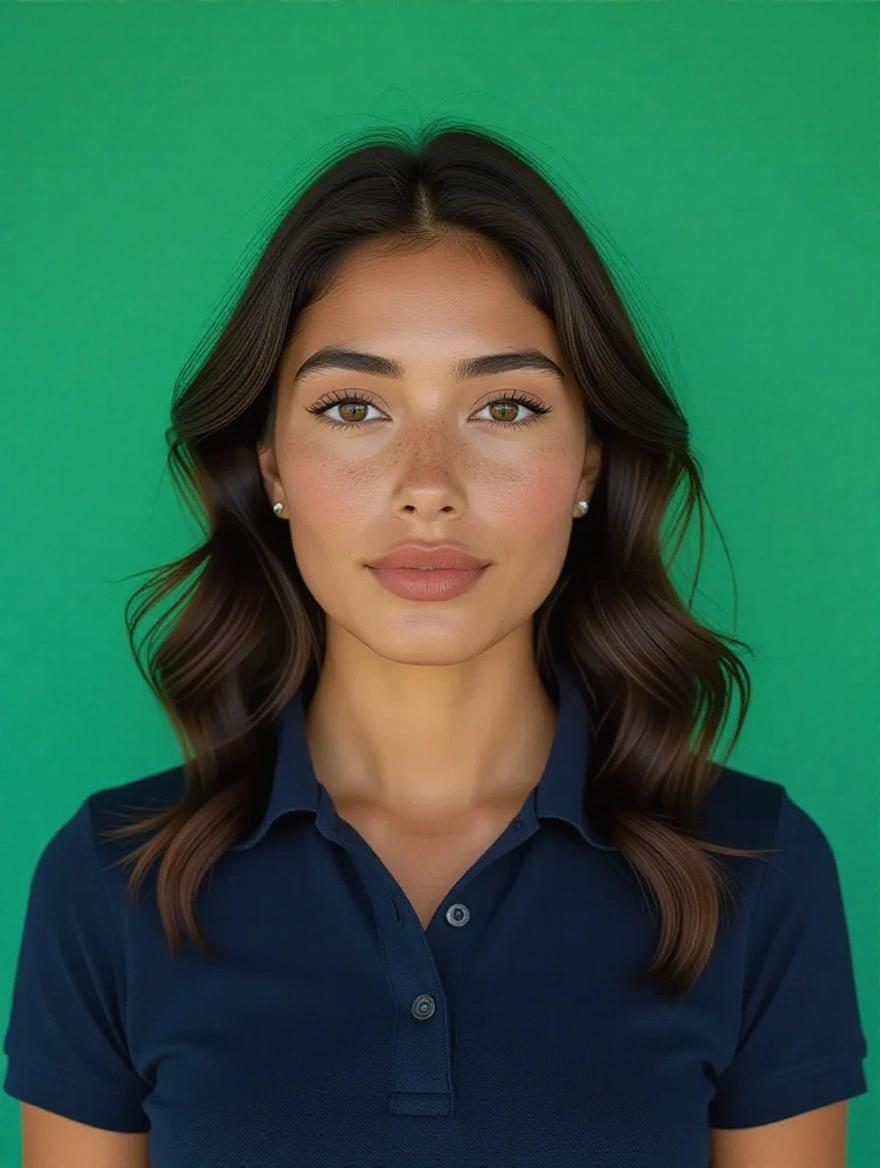 Amateur portrait of a Latin Chilean woman against a vibrant emerald green background. Woman has shoulder-length wavy black hair styled with volume and a slight side part. Defined eyebrows and warm brown eyes with subtle eye makeup. Wearing natural pink/coral lipstick and a navy blue polo shirt. Expression is neutral and professional, looking directly at the camera.