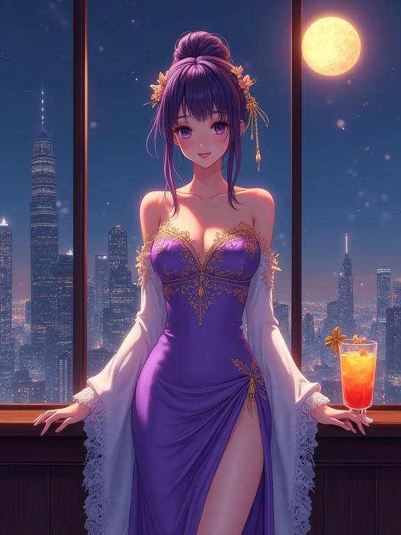 A stunning lady stands gracefully in an upscale lounge. She faces the viewer with an elegant expression. She wears a violet gown with golden embroidery. The gown has off-the-shoulder sleeves. Her hair is styled in an updo with gold flowers. She has refined earrings. An orange cocktail is on the counter. The window shows a city skyline and full moon. The image has cinematic lighting and romantic atmosphere.