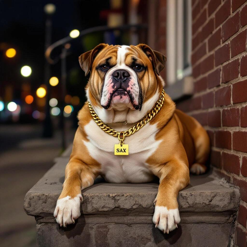 Bulldog relaxing on a stoop at night. Dog wearing a gold chain. Name tag says SAX. Urban environment with street lights.