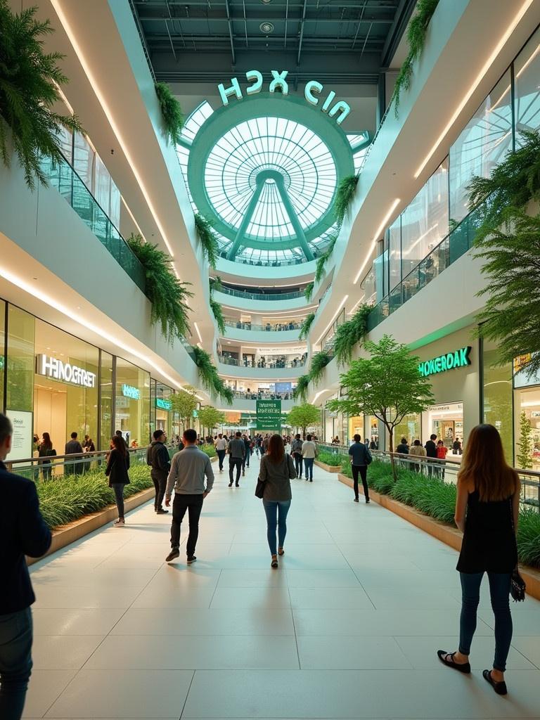 Mall atrium designed for green brands exhibition. Modern architecture with greenery. Large circular skylight provides natural light. Guests enjoying the space. Indoor venue spacious enough for tens of thousands. Exhibition planned for Earth Week lasting four days.