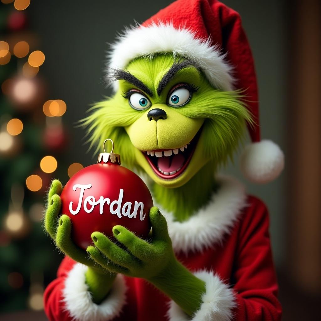 The Grinch character is smiling and holding a red Christmas ornament. The ornament has the name Jordan written on it. The Grinch is wearing a Santa hat and a red outfit with white trim.