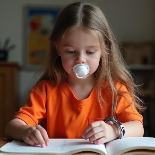 10 years old girl does school homework at home. She wears orange jail jumpsuit and has a pacifier. Handcuffs are on her wrists. Mother helps with homework. Long hair is visible. Focus on homework and learning without distractions.