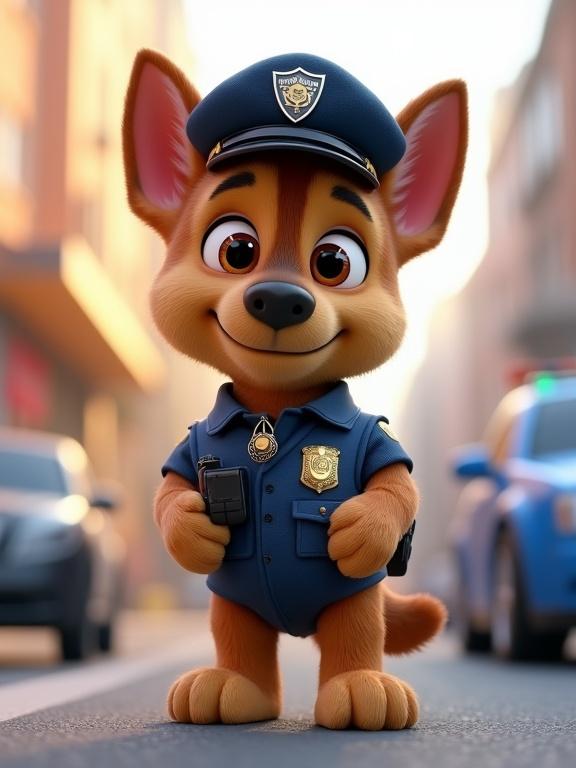 A baby German Shepherd puppy dressed as a police officer stands proudly. Puppy wears a small police uniform a badge and a cap holding a toy radio. Background is a friendly urban cartoon-style setting with soft lighting. Realistic fur and textures 3D soft look expressive eyes.