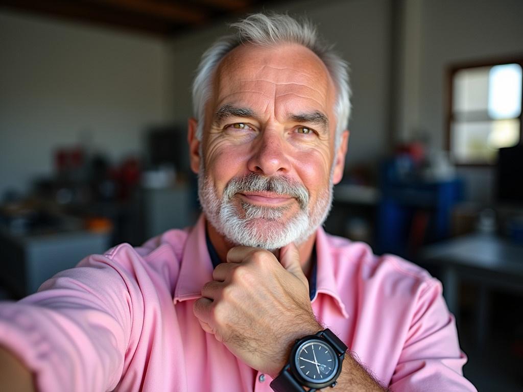 The image features a middle-aged white man dressed in a pink shirt, showcasing a mechanic's demeanor. He is posing for a selfie, confidently resting his hand on his chin while wearing a sporty black watch on his wrist. The background suggests a workshop environment, with hints of tools and equipment discretely visible. The lighting is bright, indicating a spacious area. The man has a determined expression, reflecting his profession and expertise.