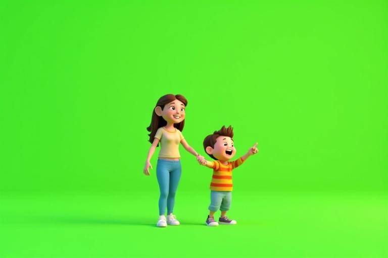3D animated scene of a child excitedly pointing while holding mother's hand. Mother shows warmth and care. Child wears brightly colored clothes. Both figures on a bright green background. Even illumination with minimal shadows. Realistic or cartoon style can be applied.