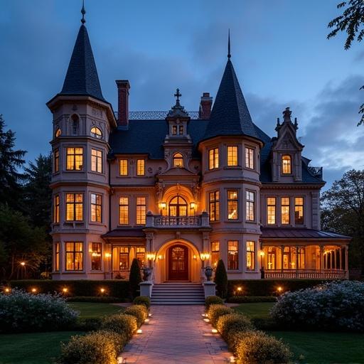 Image of a grand hotel resembling a mansion. Architectural details are prominent. The lighting is warm, creating an enchanting evening atmosphere.