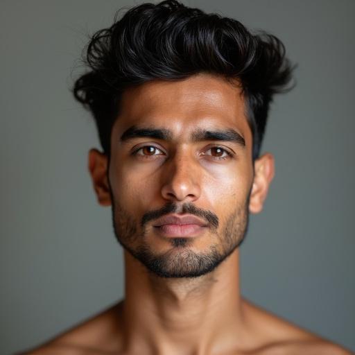 Headshot of a young north Indian man approximately 25 years old. Clean-shaved face without beard or moustache. Focus on facial features against a neutral background.
