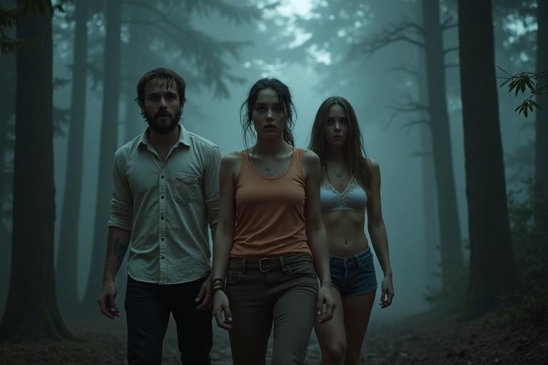 Ultra-realistic scene in a dense dark forest. Tall trees surround characters. Thick fog is present on the ground. Dim natural light filters through canopy. Three terrified individuals stand in the center, facing forward. The man appears anxious in a dusty white shirt. One woman wears an orange sleeveless shirt; her body is tense. The third woman, slightly behind, wears a transparent white T-shirt and tight blue shorts, showing terror. Environment suggests unseen danger. Silences creates unease. Composition captures close facial expressions.