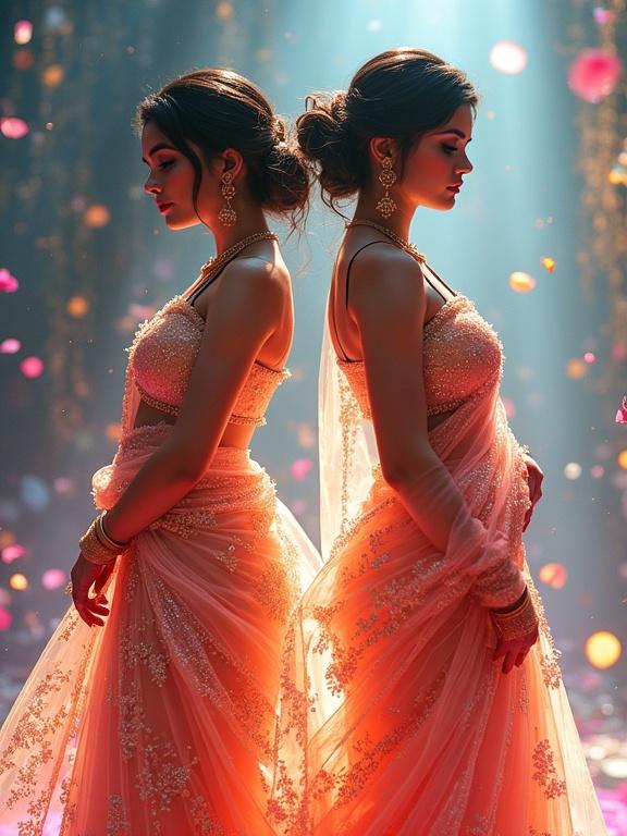 High-resolution portrait of two brunette women posing back to back. They wear bridal sarees and are sculpted from glass. The scene has luminous flowers and glowing lights. A magical atmosphere surrounds them, blending tradition with fantasy. Artistic and surreal composition.