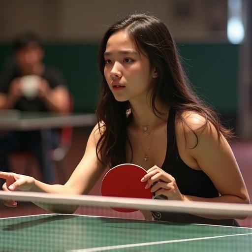 A young woman playing ping pong at a table. She holds a red paddle and focuses on the game. Another person is in the background. The setting has a relaxed atmosphere.