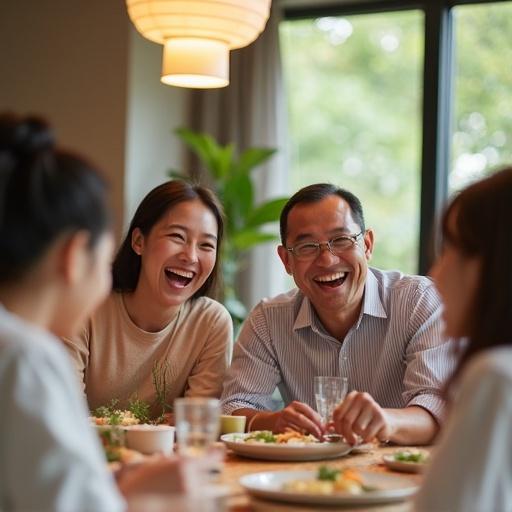 Families laughing together during a meal in a warm setting. The scene captures joyful moments around the dining table with healthy food. Happiness and connection are highlighted.