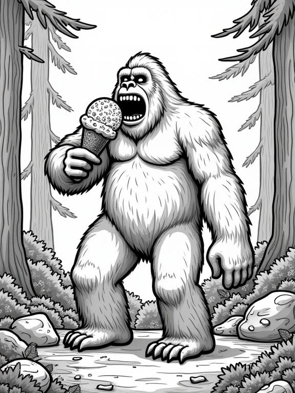 Black-and-white cartoon-style page featuring Bigfoot in a forest. Bigfoot stands upright and holds an ice cream cone. The character follows the correct proportions and anatomy. The forest background includes tall trees, ferns, and mushrooms. The design uses clean lines and detailed texture for a coloring-friendly effect.