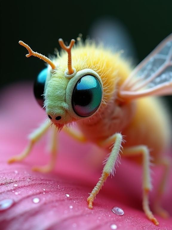 A tiny winged insect or fairy-like bug resembling a blend of bee and alien features with rounded head delicate legs and transparent wings perched on large pink flower petal